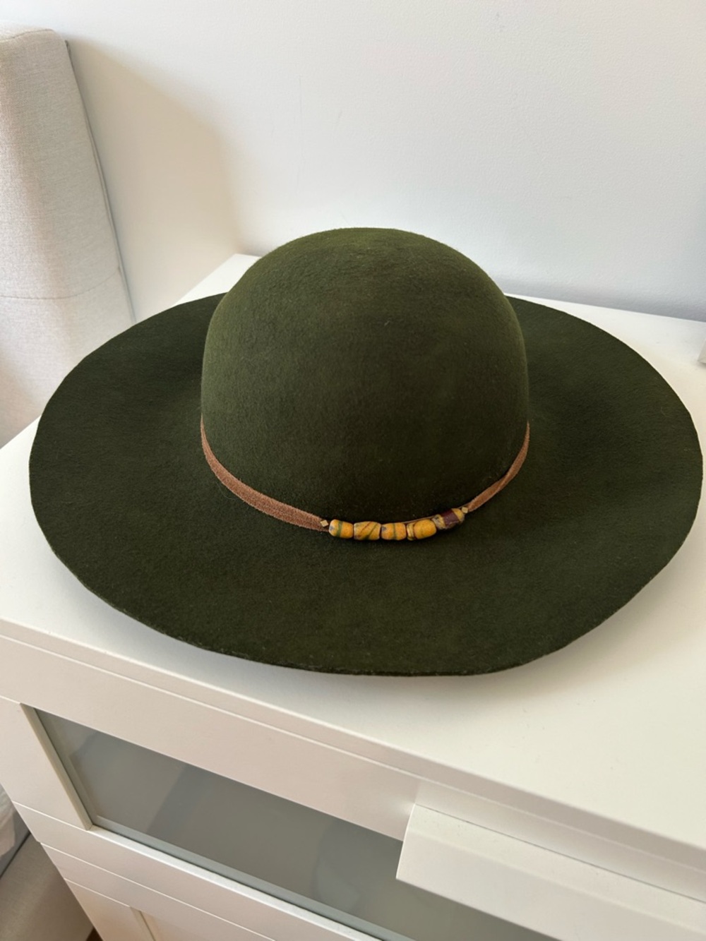 Olive Wide-Brim Felt Hat with Bead-Trim Band